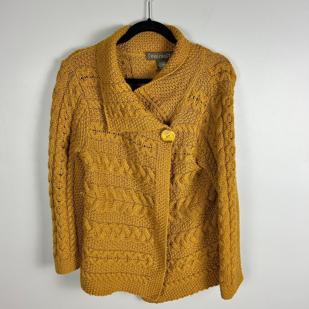 INIS CRAFTS 100% Merino Wool Cable‎ Knit Cardigan Size Small Ireland Mustard